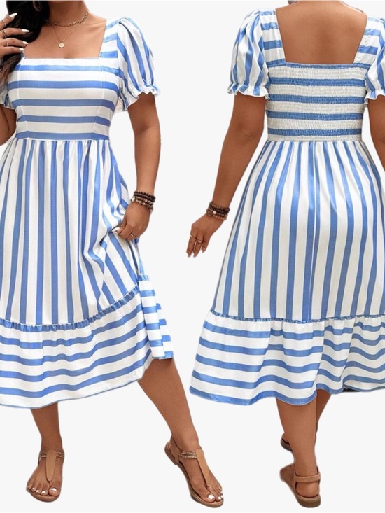 SHEIN Dresses & Skirts - Shein Curve Blue & White Striped Square Neck Puff Sleeve Midi Dress Plus Size 0X